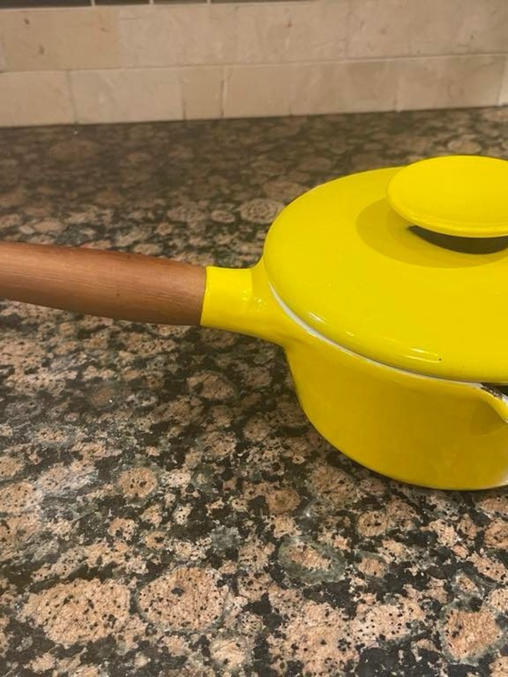 Vintage Copco Michael Lax Denmark Yellow Enamel Ssucepan MCM Teak Handle